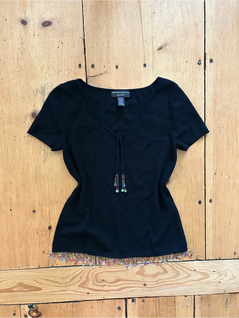 Vintage Spenser Jeremy Black Short-Sleeve Top with Colorful Beaded Sequin Trim